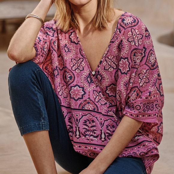 Pure Jill Tops - PURE JILL Cotton Mixed-medallion Print V-neck Poncho Top, Pink, Size S-L